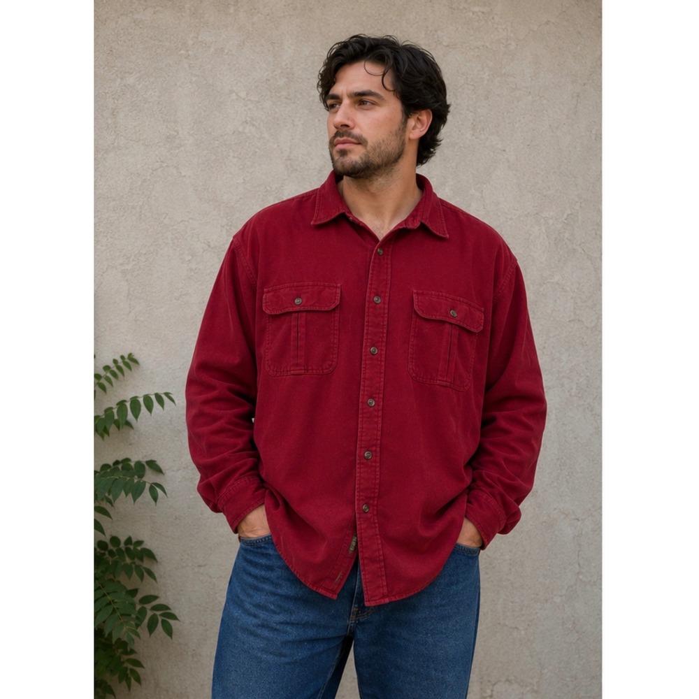 Vintage Cabelas Mens 2XL Tall Red‎ Chamois Flannel Shirt Heavyweight Workwear